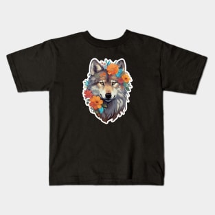 Colorful Wolf With Flowers Kids T-Shirt